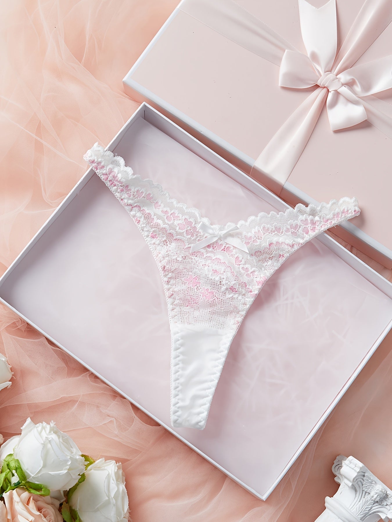 Women's Lace V‑Line Bikini Briefs with Bow Detail Low‑Rise Knit Fabric