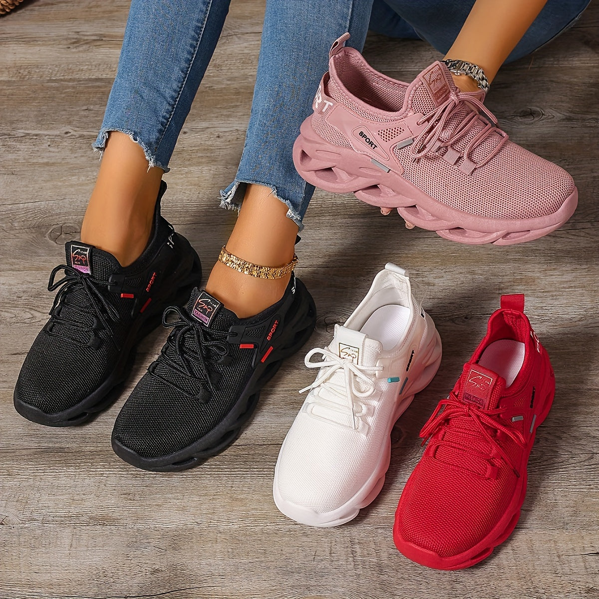 Women’s Red Breathable Knit Running Shoes Lightweight Cushion Sneakers