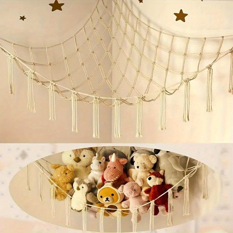 Boho Chic Plush Hammock Hanging Net for Stuffed Animals Storage Bedroom Decor
