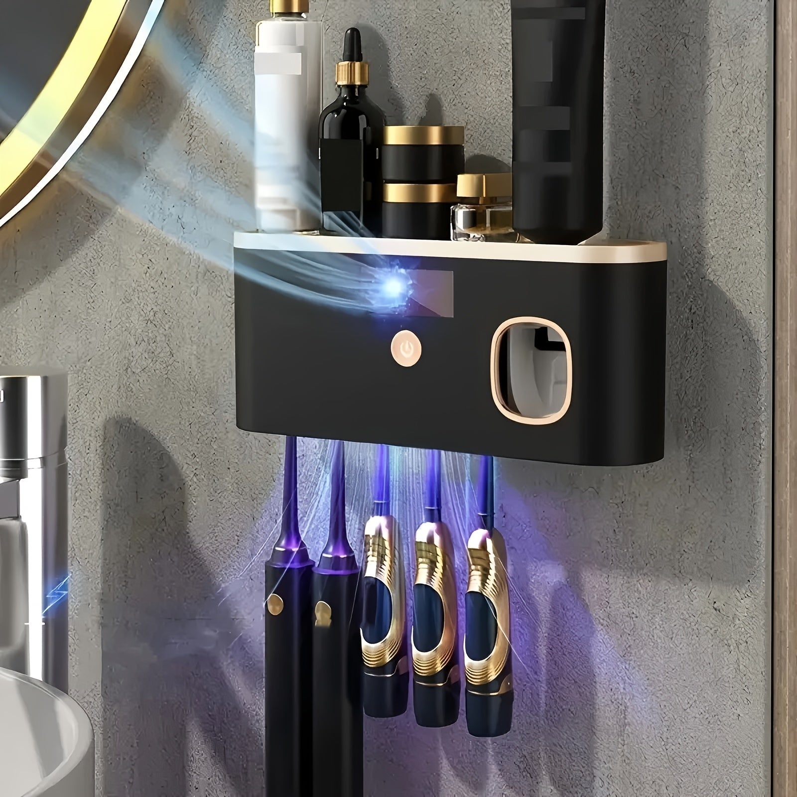 Electric Toothbrush Sanitizer and Dispenser Wall Mount with Storage