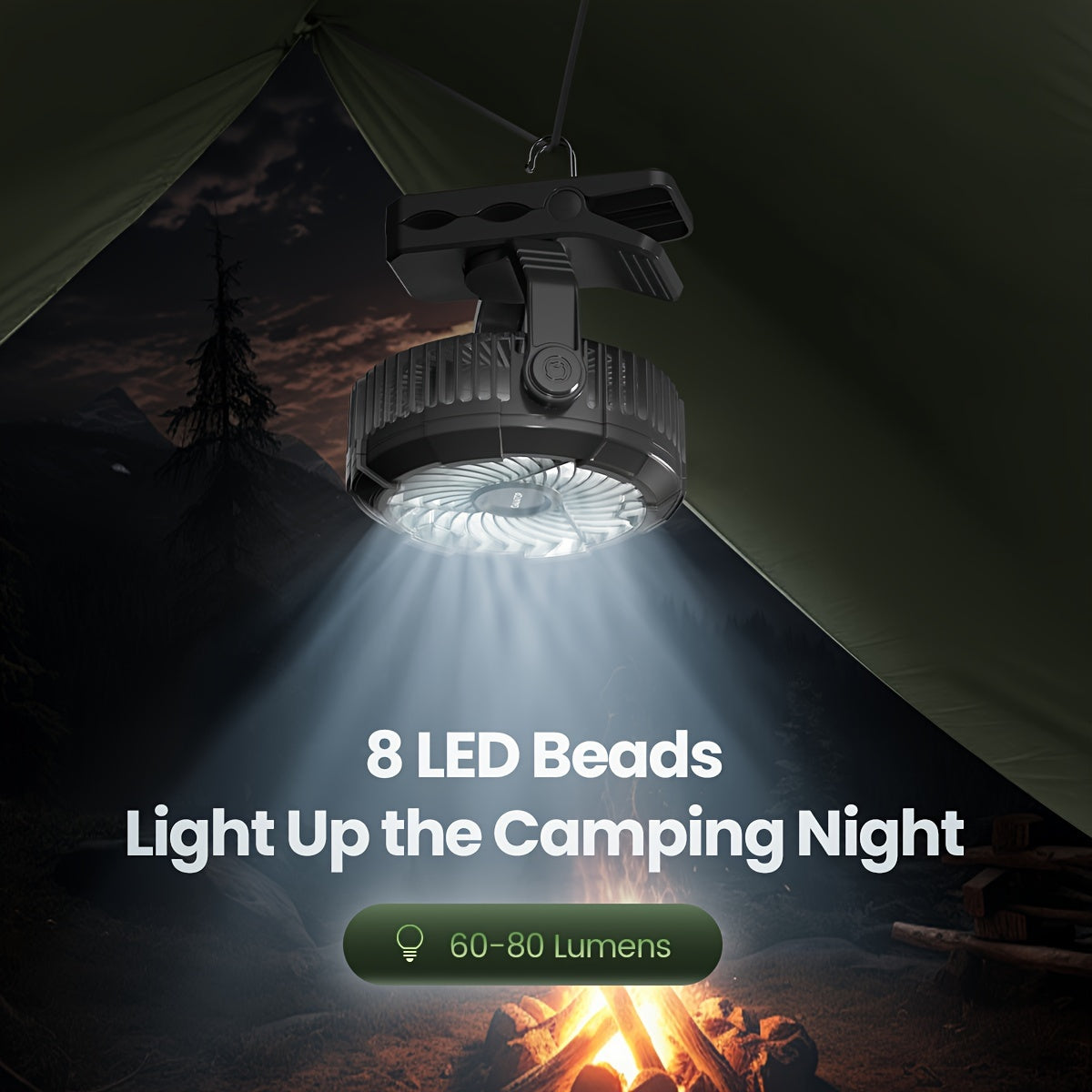 Rechargeable Portable Camping Fan with LED Lights, 360° Rotation, Clip-On