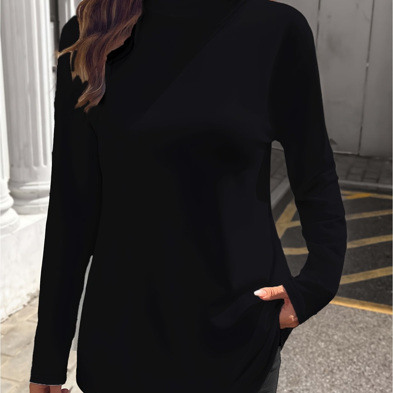 Plus Size Women's Long Sleeve Black Asymmetrical High Neck Top Casual Chic Blouse