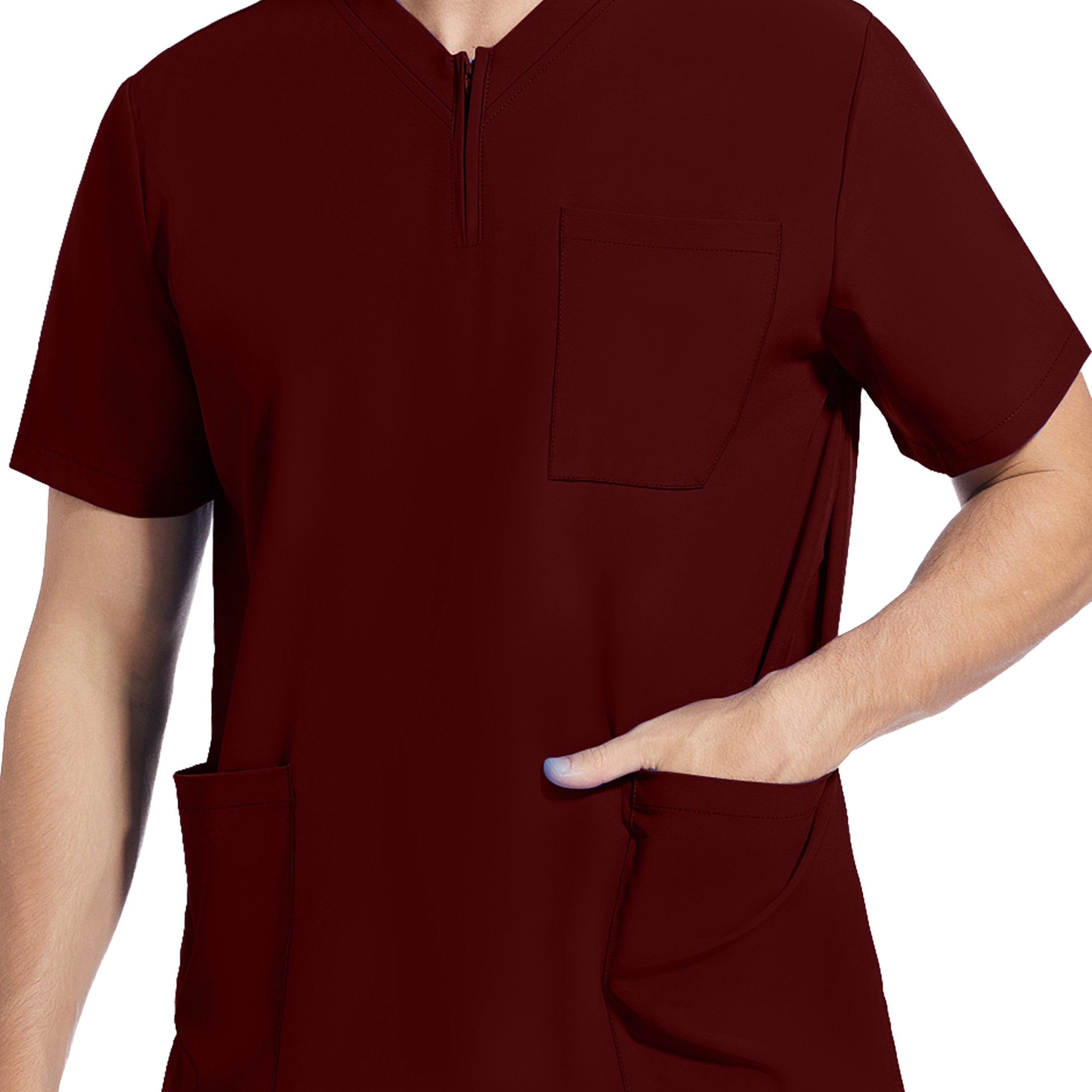 Men's Short Sleeve Stretch Work Uniform Lab Shirt with Pockets V-Neck Polyester