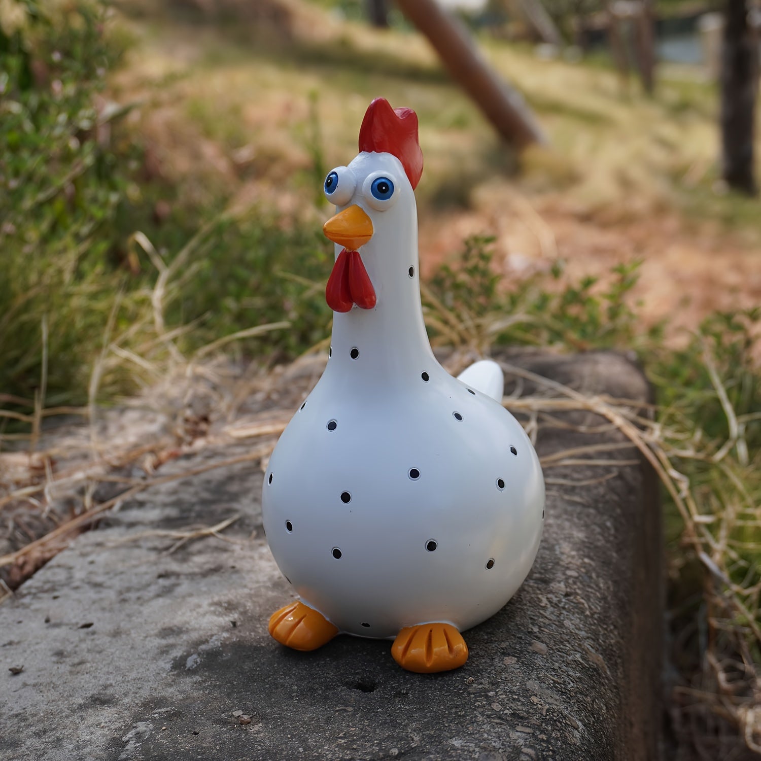 Large-Eyed Polka Dot Rooster Resin Garden Figurine Indoor Outdoor Decor