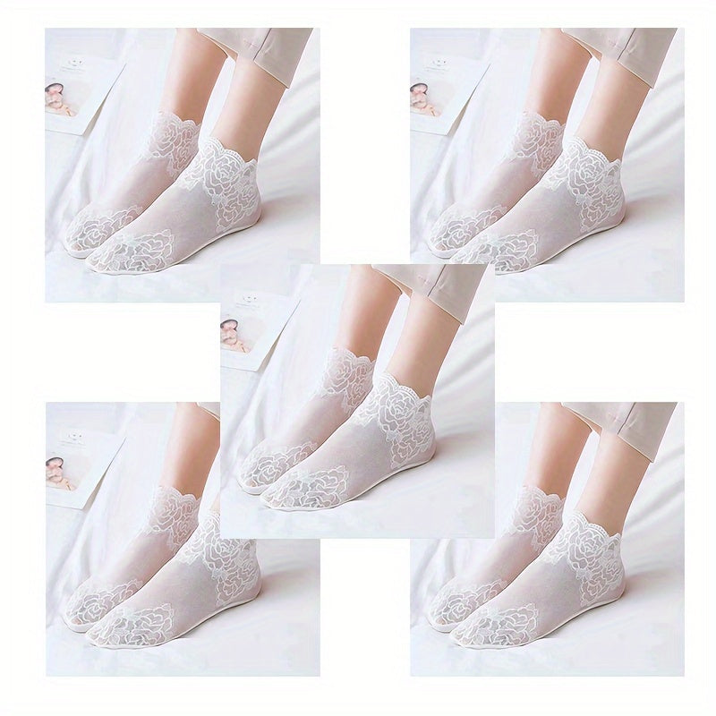 Women's Lace-Trimmed Mesh Socks Set 5 Pairs Floral Rose Summer Lightweight