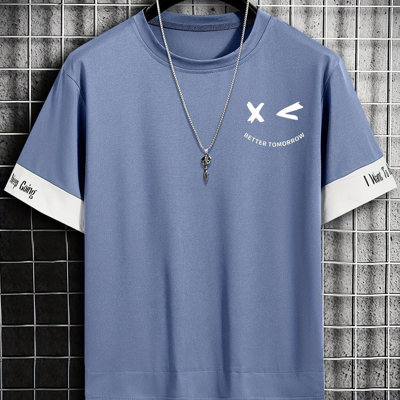 Men's Color-Blocked Short Sleeve T-Shirt with Letter Print Faux Two-Piece Summer Casual