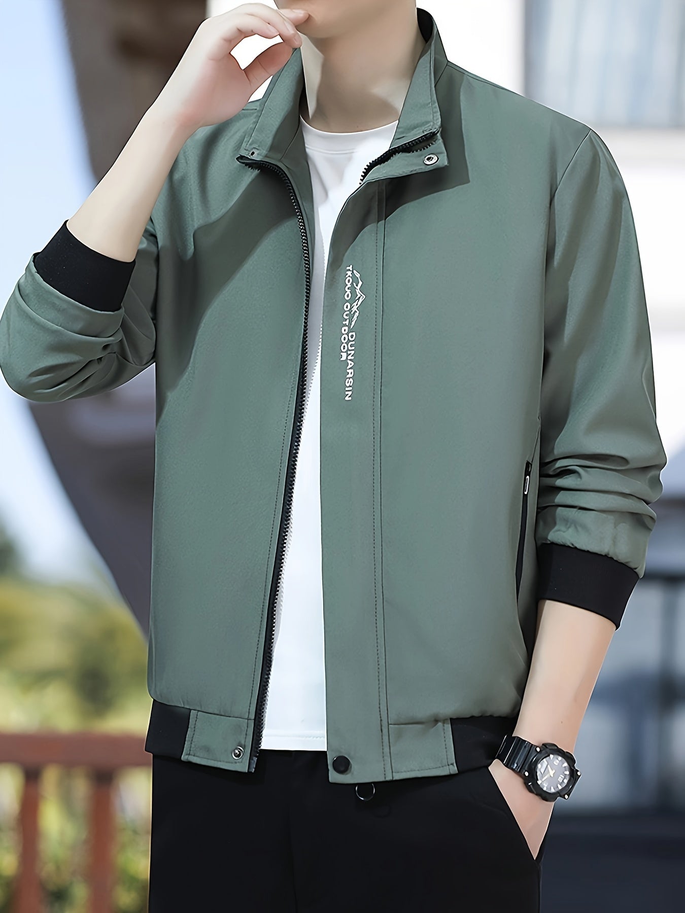 Men's Casual Zip-Up Jacket with Stand Collar Long Sleeve Fall Winter Polyester