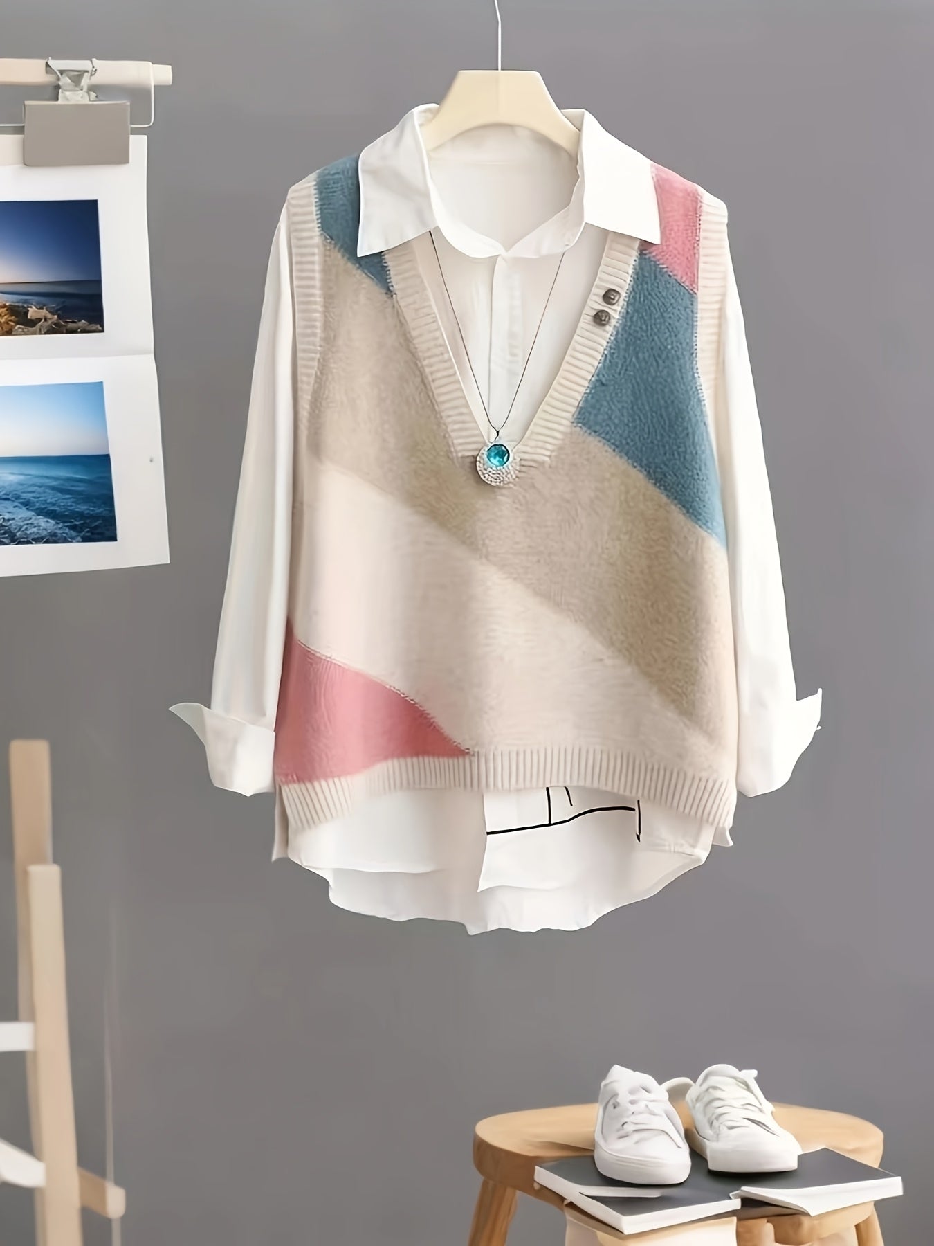 Women's V-Neck Knit Vest with Patchwork and Color Block Design