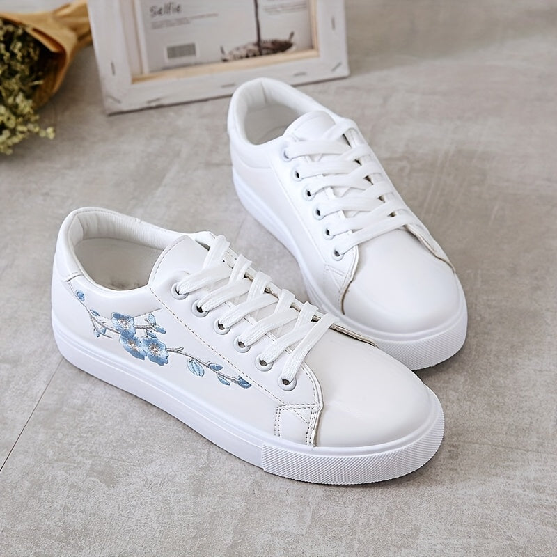 Women's Floral Embroidered White Low-Top Sneakers Synthetic Casual Shoes