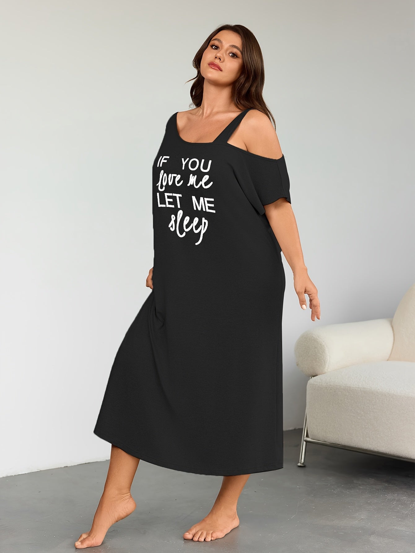 Plus Size Women's Sleep Dress Off-Shoulder Letter Print Gray Pajama Set