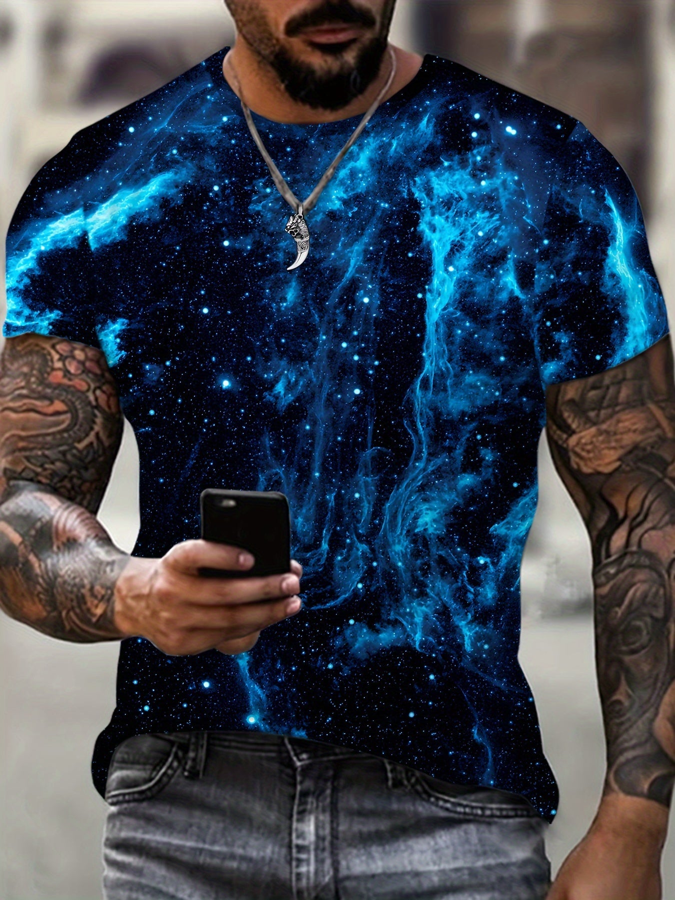 Camiseta de manga corta con estampado 3D de galaxia para hombre, tela de punto geométrica, tallas grandes