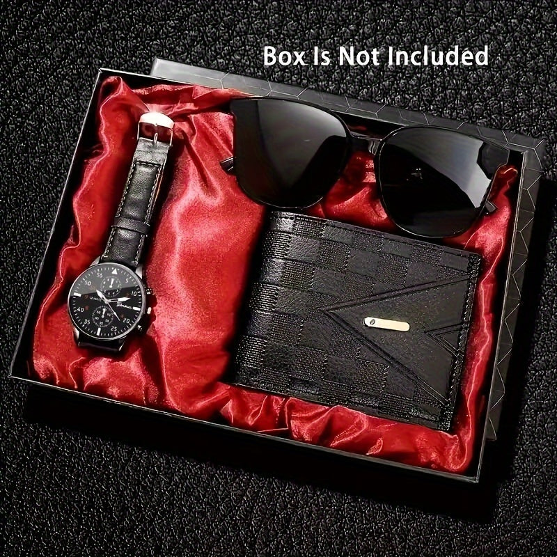 Men's Casual Quartz Watch Glasses Wallet Set Non-Waterproof Zinc Alloy Strap