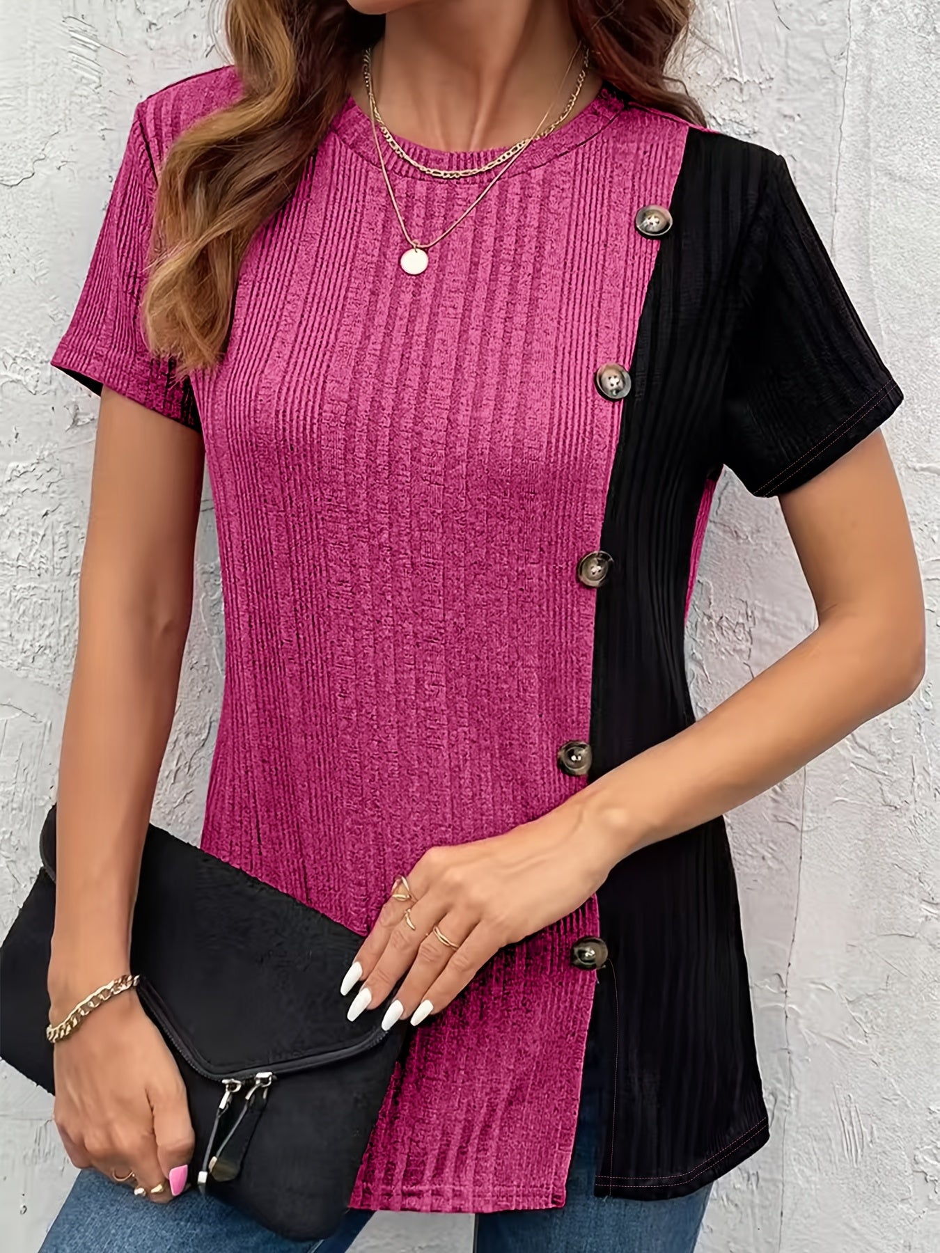 Women's Color-Block Button-Front Cardigan with Side Slit and Breathable Material