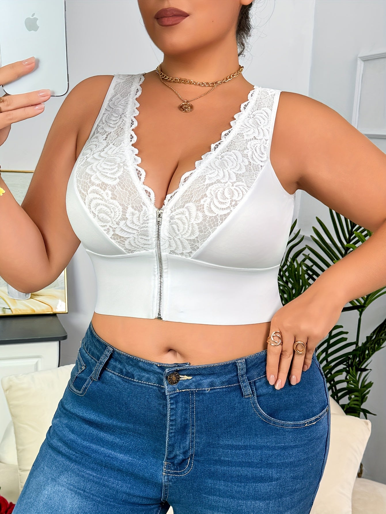 Plus Size Women's Lace Trim Off-Shoulder Zipper Front Top in Solid Color