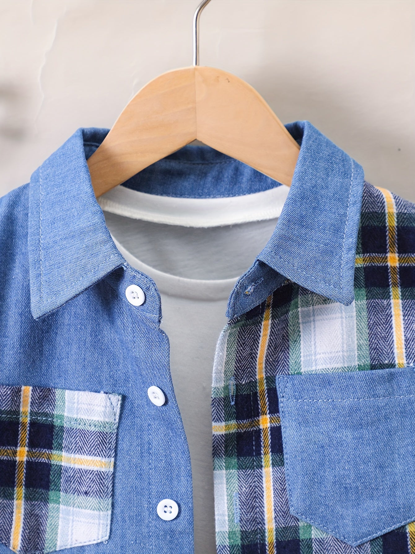 Camisa de mezclilla de manga larga a cuadros para niños, corte regular, para todas las estaciones, de poliéster y algodón tejidos