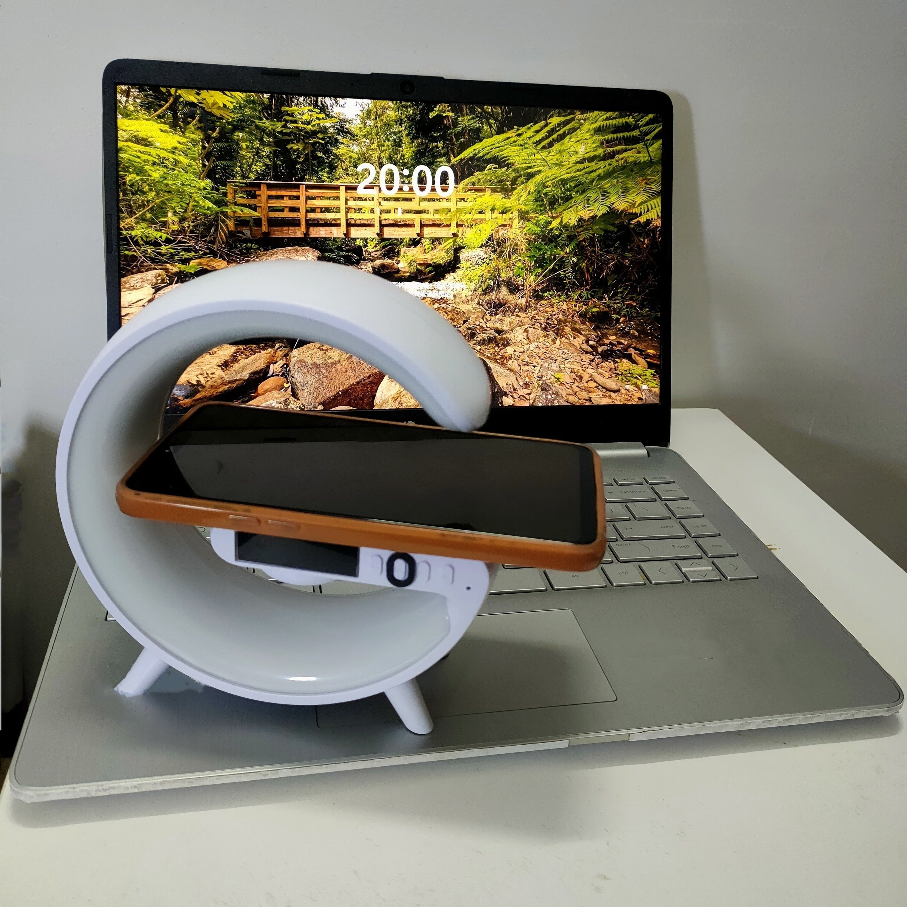 Modern Wireless Speaker with LED Light Desk Lamp Phone Holder Alarm Clock and Wireless Charging Black or White