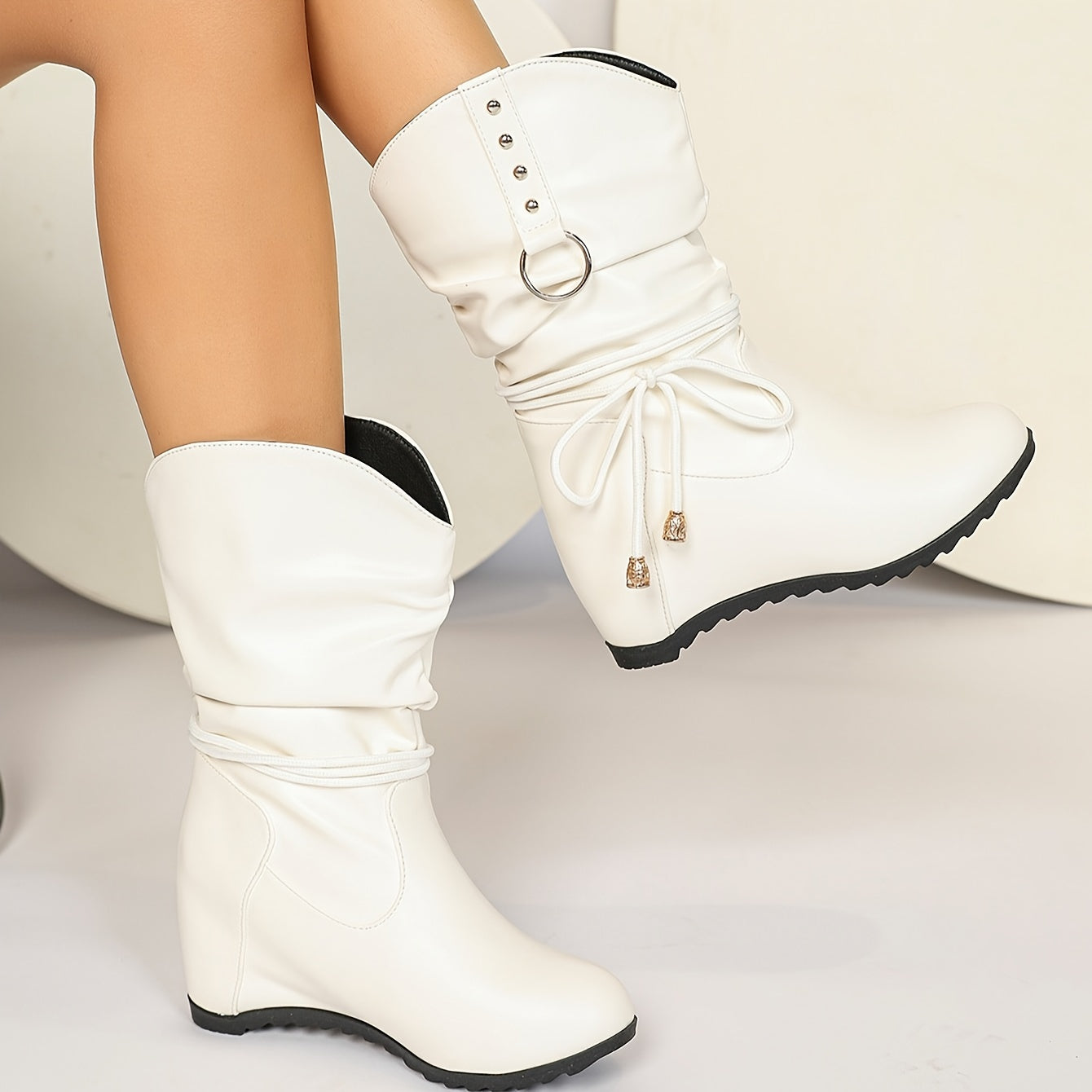 Women's Solid Color Platform Wedge Pull-On Boots with Bowknot Studs