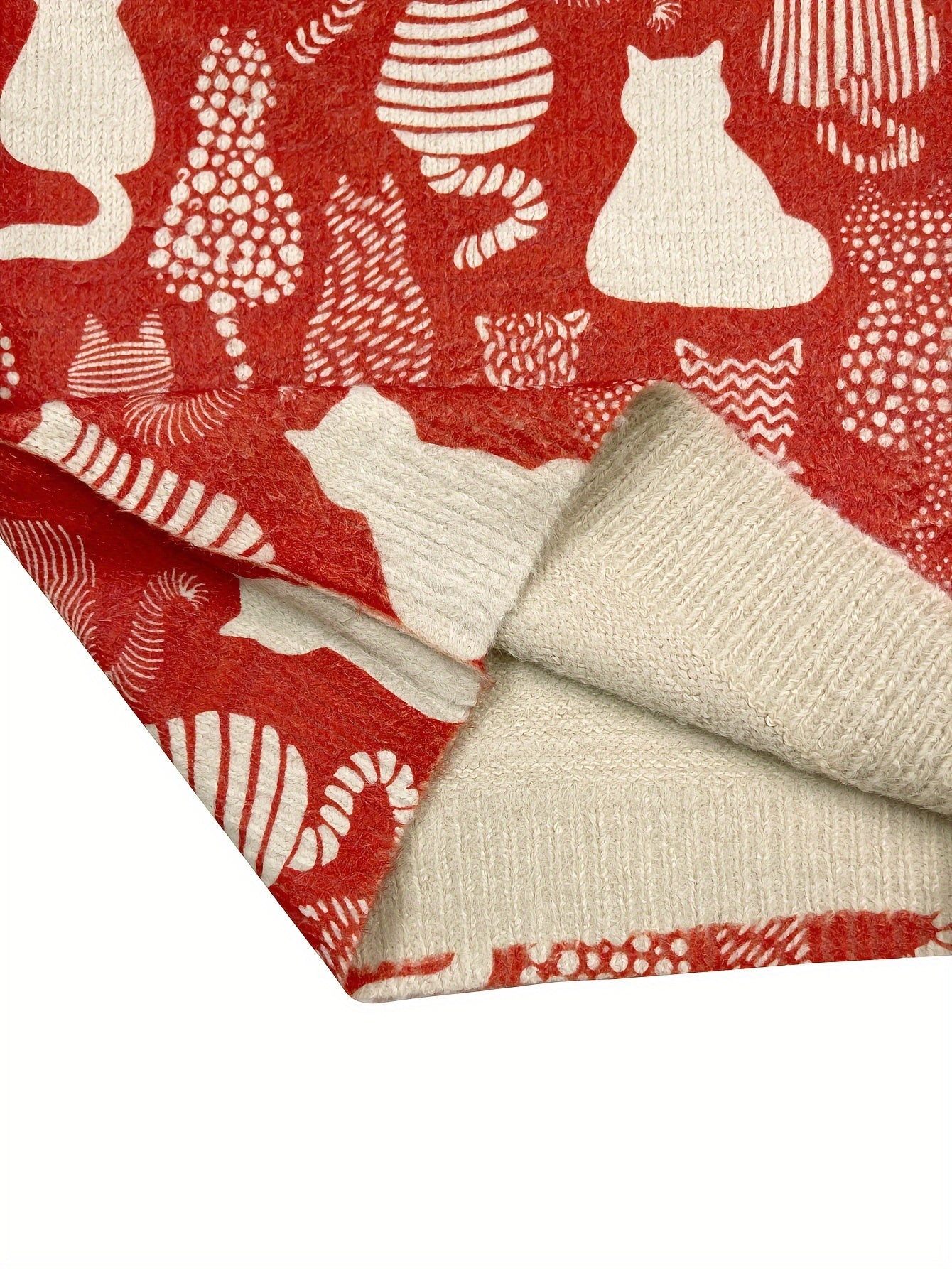 Plus Size Women's Cozy V-Neck Cardigan with Cat Print Long Sleeve Sweater