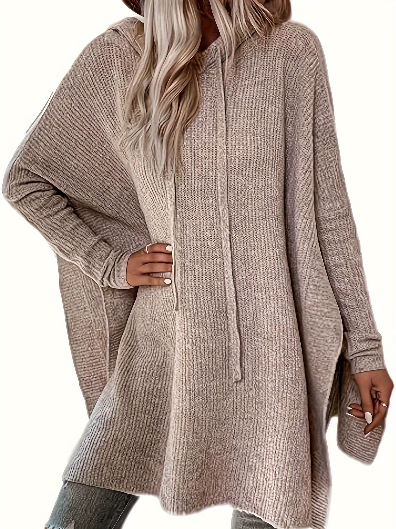 Women's Beige Hooded Sweater with Drawstring Batwing Sleeves