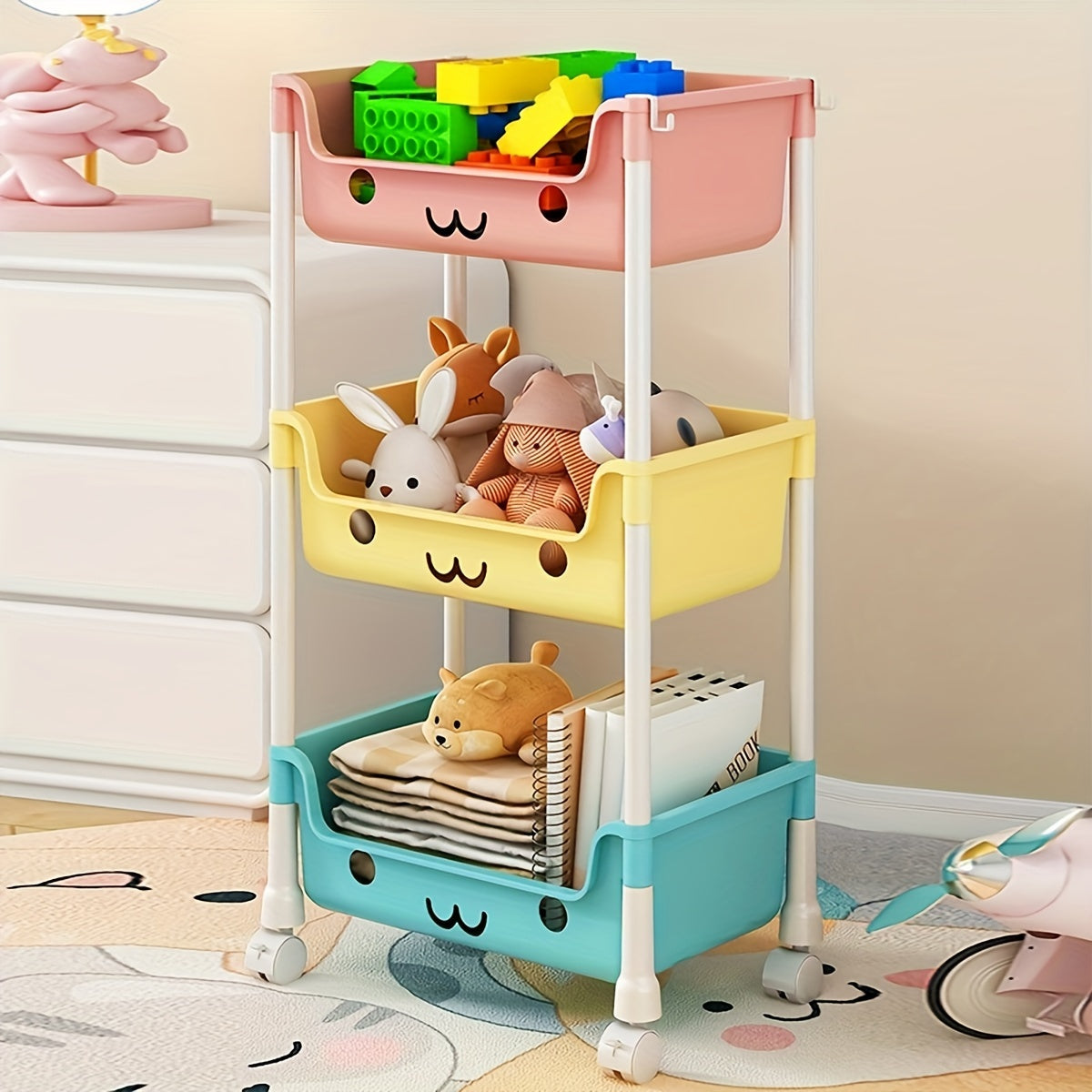Storage Cart with Swivel Wheels for Home Organization of Snacks Toys Wipes and Books Four Tiers