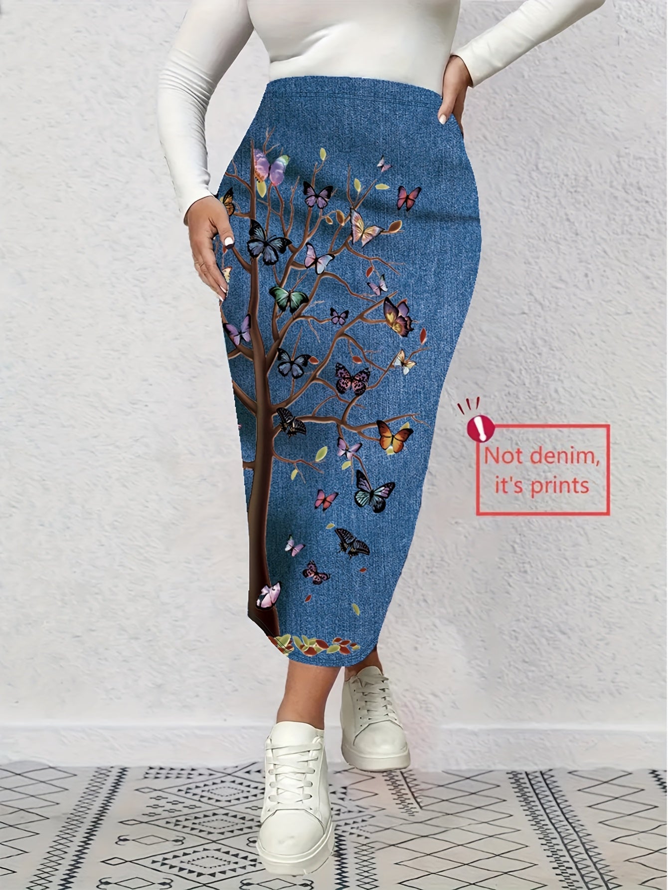 Women's Plus Size Denim Print Butterfly Tree Half Skirt
