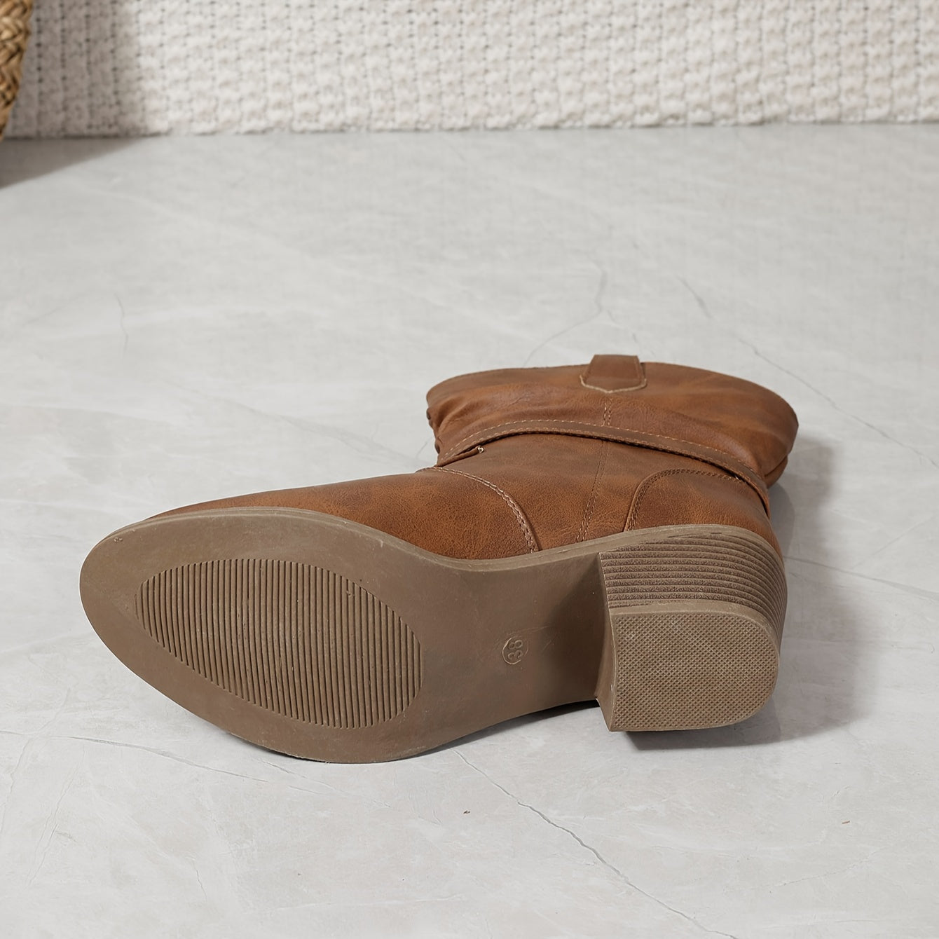 Women's Leather Round-Toe Chunky Heeled Riding Boots with Pleated Fasteners