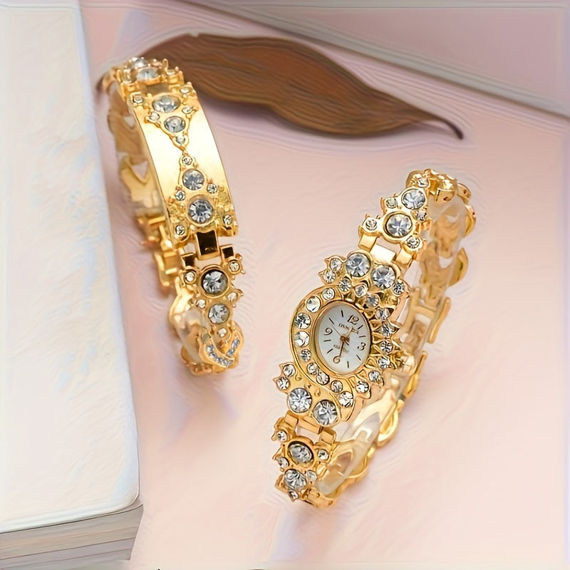 Women's Gold Rhinestone Quartz Watch with Oval Zinc Alloy Case and Analog Display