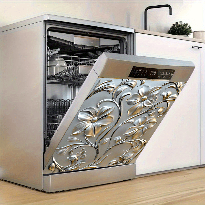 Imán de puerta de lavavajillas de PVC con diseño floral metálico 58.5x65cm, a prueba de agua y manchas