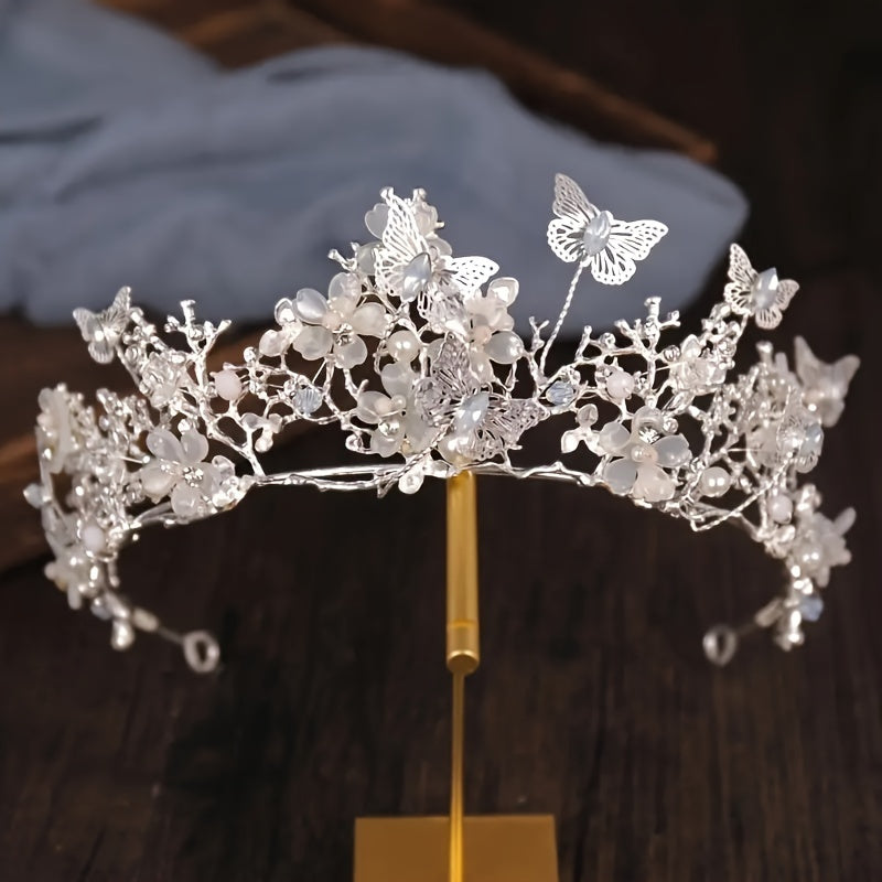 Bridal Jewelry Set with Crystal Beads Faux Pearls Butterfly Design Rhinestone Necklace Earrings Tiara