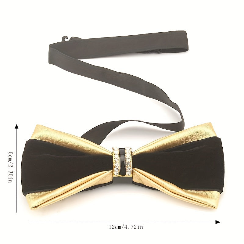 Leather Bow Tie with Rhinestones for Weddings and Formal Events in Black Velvet or Gold