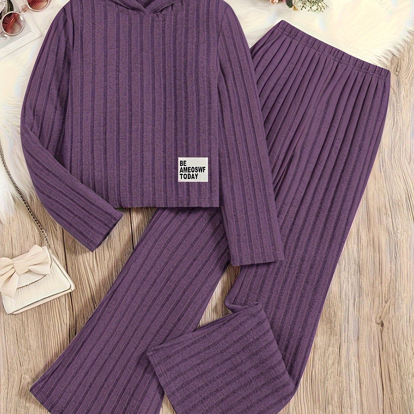 Conjunto de sudadera y pantalones de punto para niñas, de manga larga, de color sólido, poliéster, casual, para mayores de 3 años