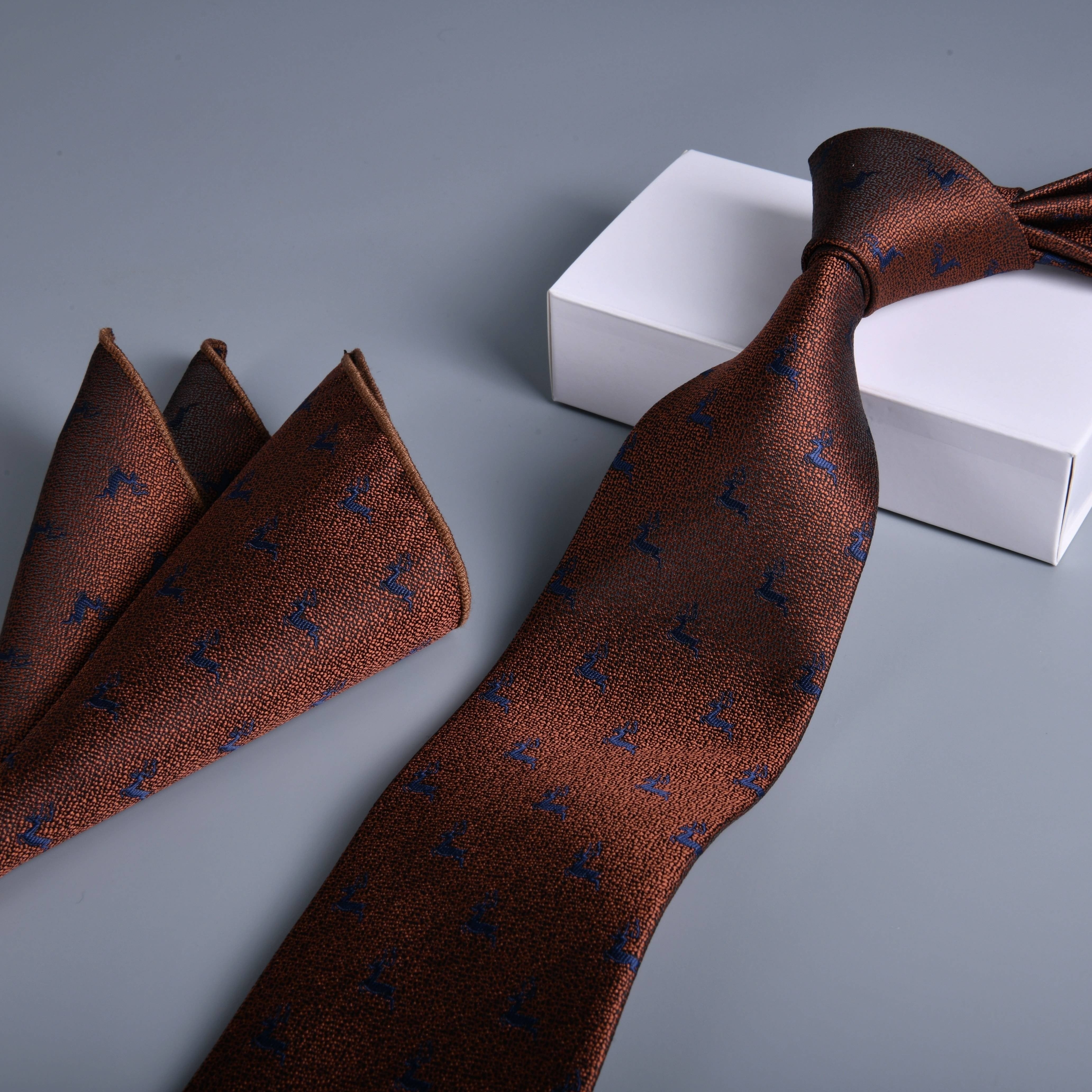 Men's Jacquard Deer Tie and Pocket Square Set Polyester Woven Design