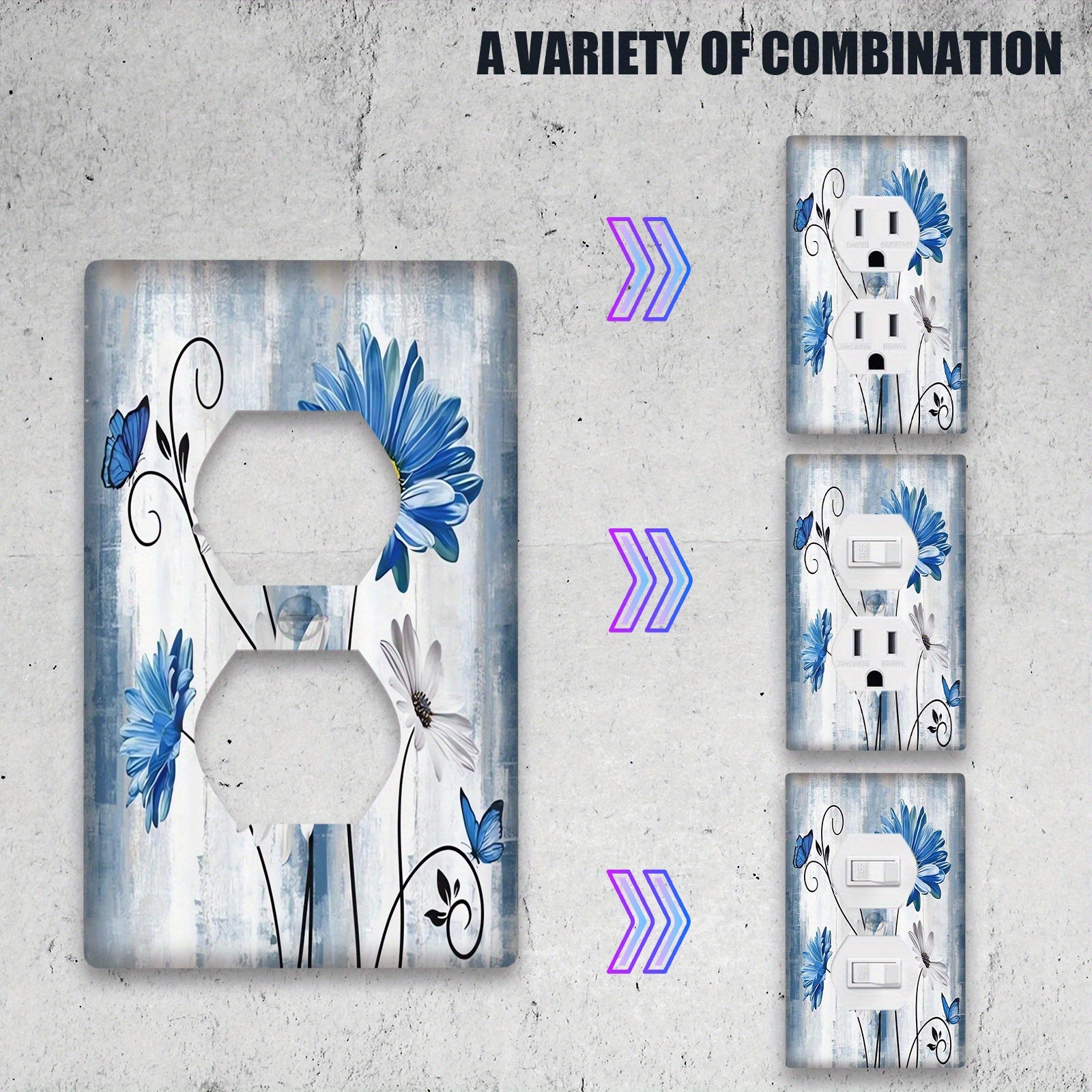Placa de pared floral Blue Daisy para decoración de dormitorio estilo granja. Compatible con 1 o 2 tomas de corriente