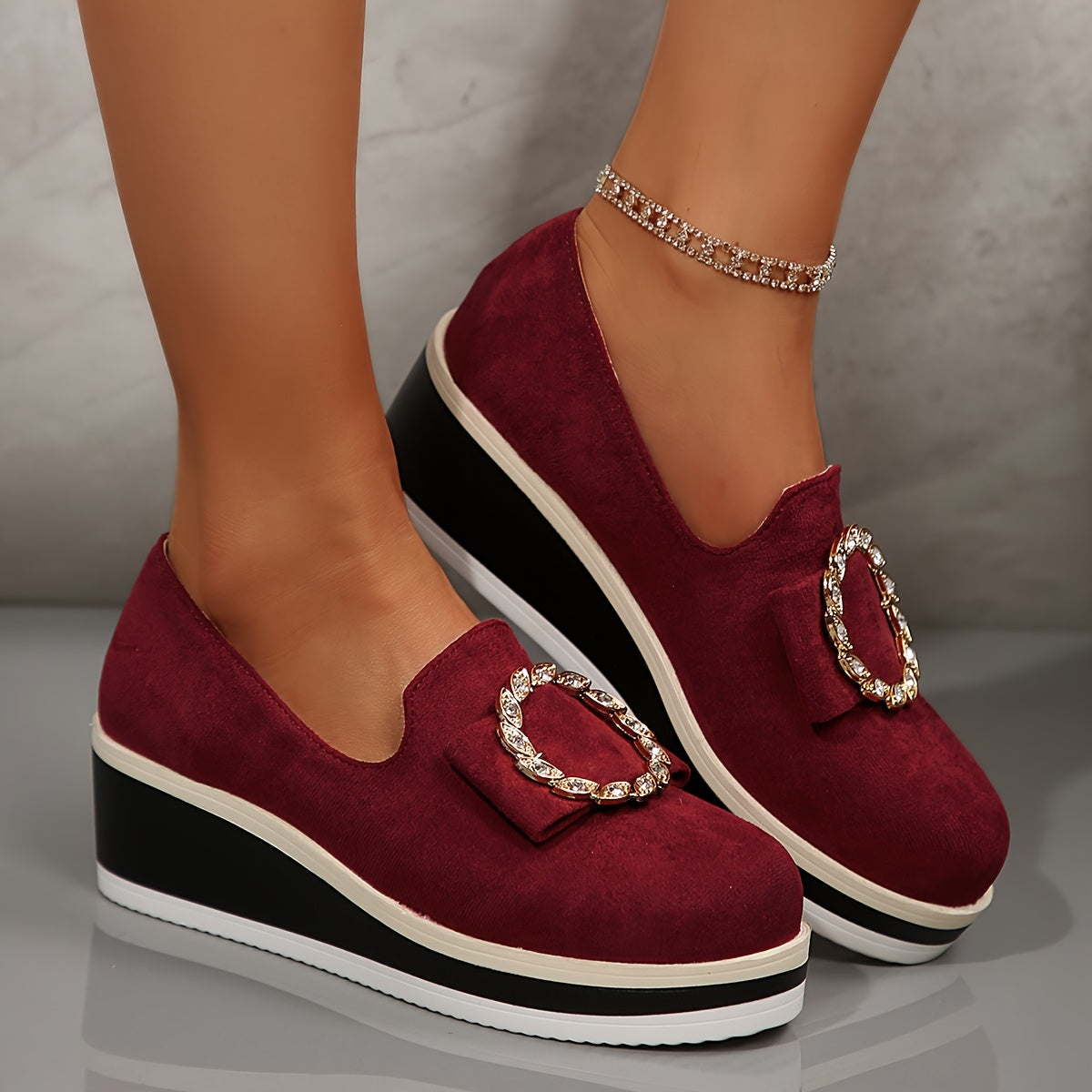 Women’s Wedge Sneakers Solid Color Slip-On Shoes Sequin Flannel Upper