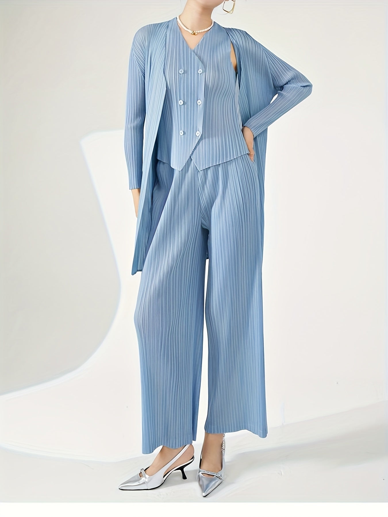 Plus Size Women's Summer Chiffon Three-Piece Suit with Pleated Pants
