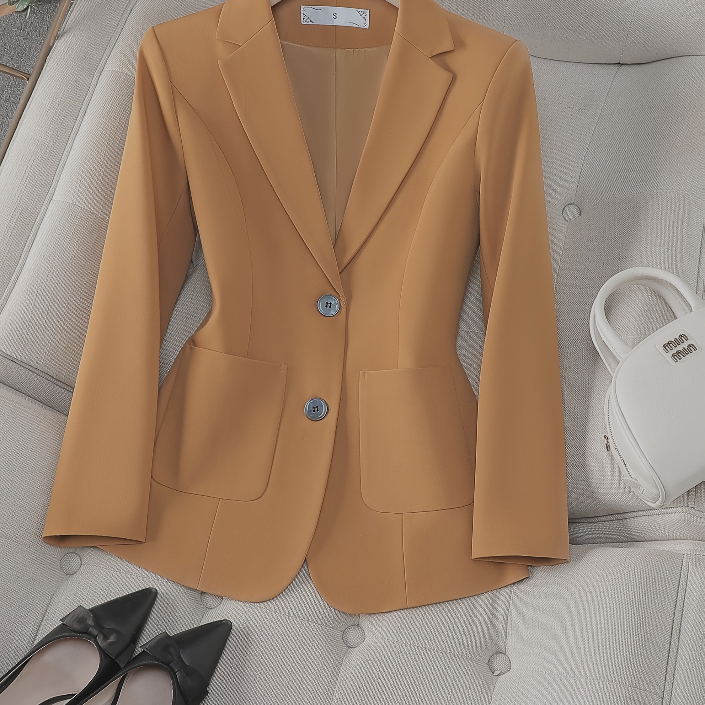 Blazer de mujer con doble bolsillo, poliéster spandex, color sólido, ropa de oficina, primavera y otoño