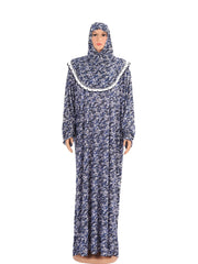 Plus Size Muslim Abaya Long Robe Floral Print Stretchy Fabric Ruffle