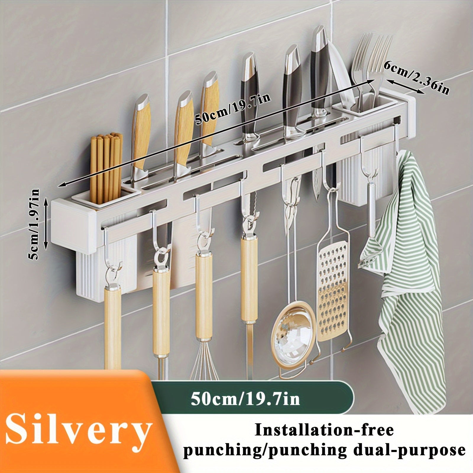 Wall-Mounted Stainless Steel Kitchen Knife Rack with Hooks and Shelf, 50cm
