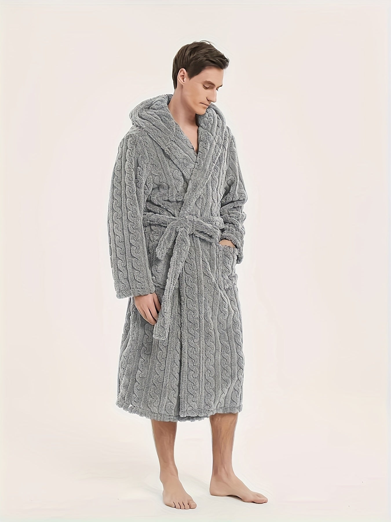 Men's Fleece Hooded Robe with Belt for Home and Hotel Use Fall Winter Casual