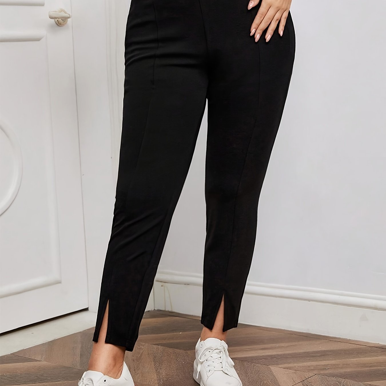 Pantalones ajustados de talla grande con dobladillo dividido en sólido para mujer, de cintura alta, casual, primavera y verano