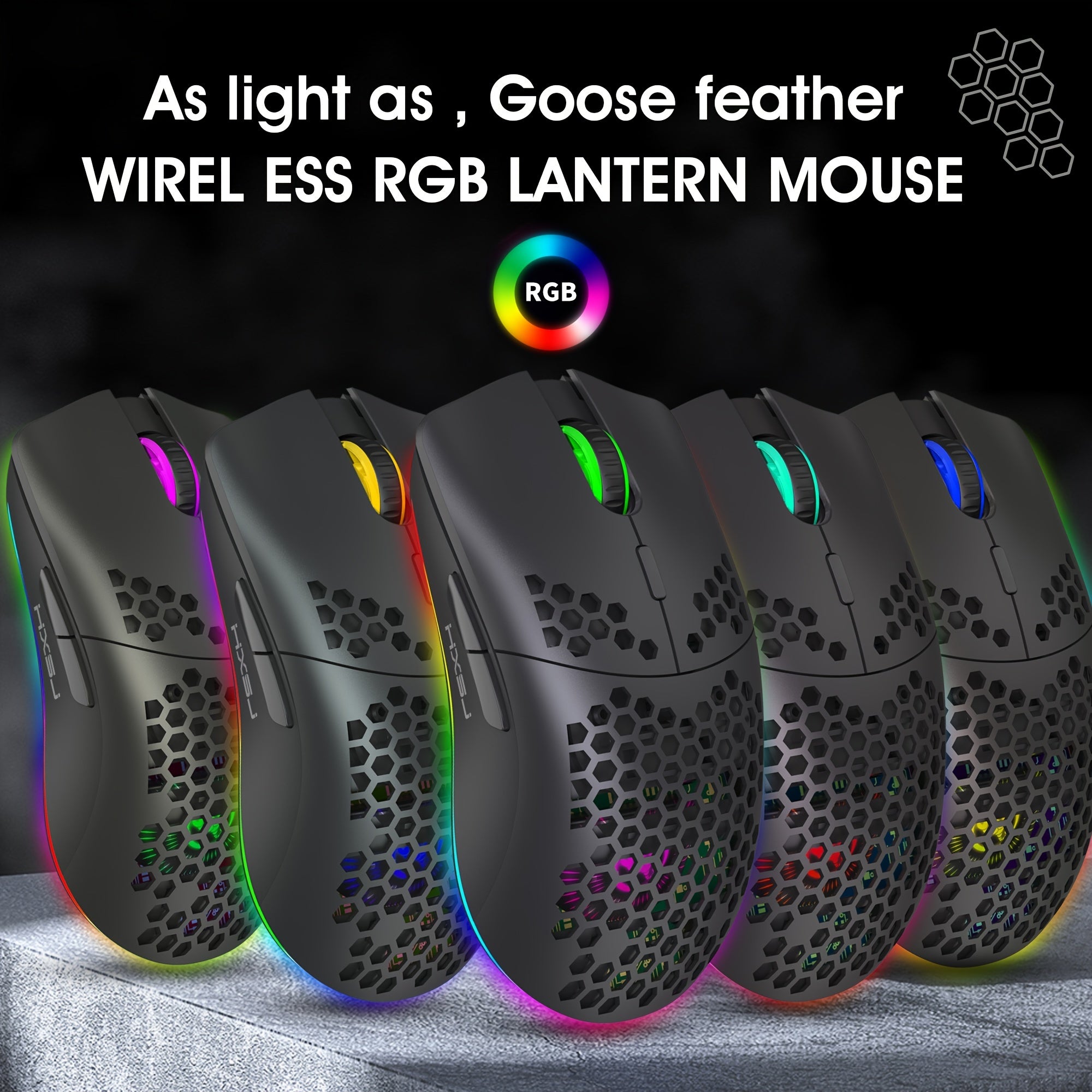 Wireless Gaming Mouse RGB Lighting Rechargeable Honeycomb Design USB Plug and Play Right-Handed White