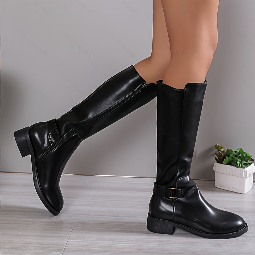 Women's Black Mid-Calf Boots Synthetic Chunky Heel Zipper Closure