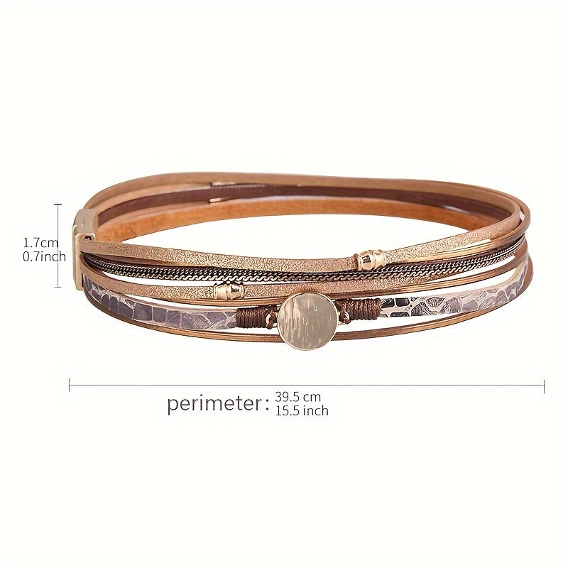 Women's Boho Leather Wrap Bracelet with Synthetic Stones and Gold-Tone Accents