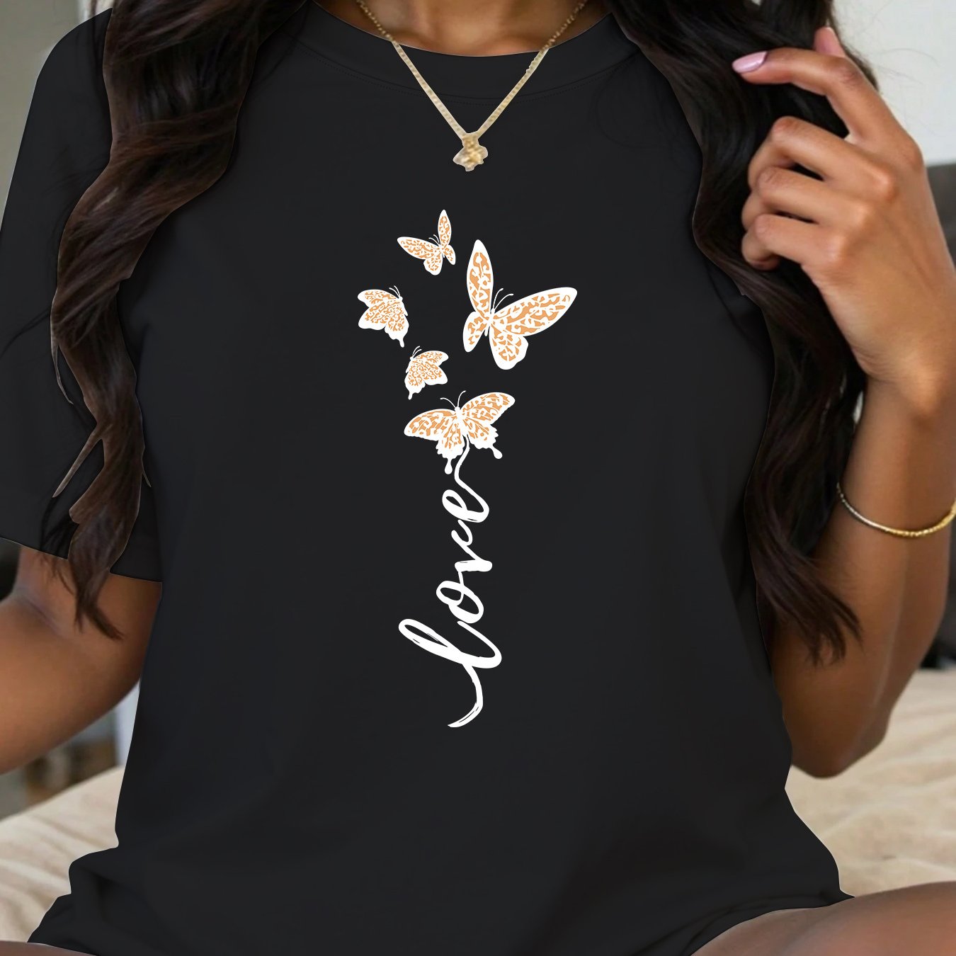 Plus Size Women's Cotton Short Sleeve T-Shirt Butterfly Script Print White