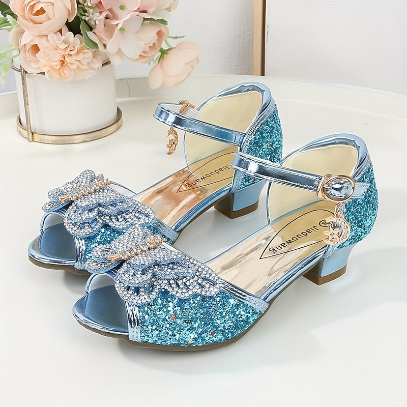 Девочки летние туфли-танцевальные на каблуке в стиле бабочка принцесса с пайетками и пряжкой