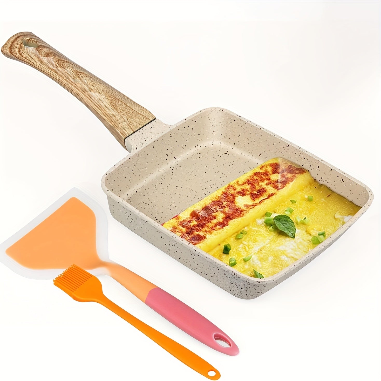 Yaponcha Tamagoyaki Keramika Qovurish Panasi - To‘g‘ri burchakli yopishqoq idish, izolyatsiyalangan silikon tutqichi bilan, silikon spatula va yog‘ cho‘tkasi bilan birga, parvarish ko‘rsatmalari: Faqat qo‘lda yuvish.