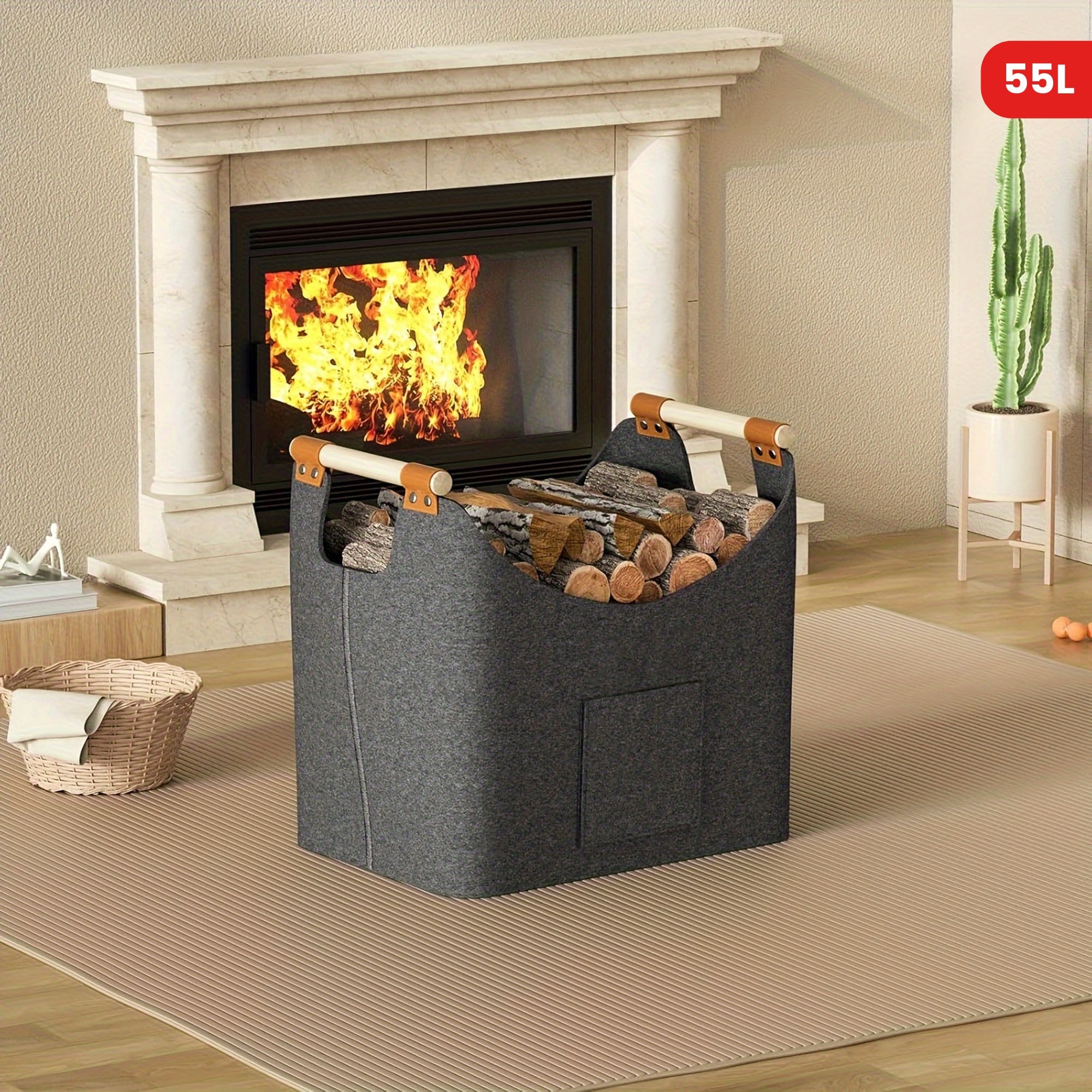 Large Capacity Foldable Felt Firewood Basket with Handles 32x50x40cm