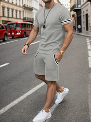 Men's Plus Size Casual Outfit Set with Striped Polyester T-Shirt and Shorts in Light Gray