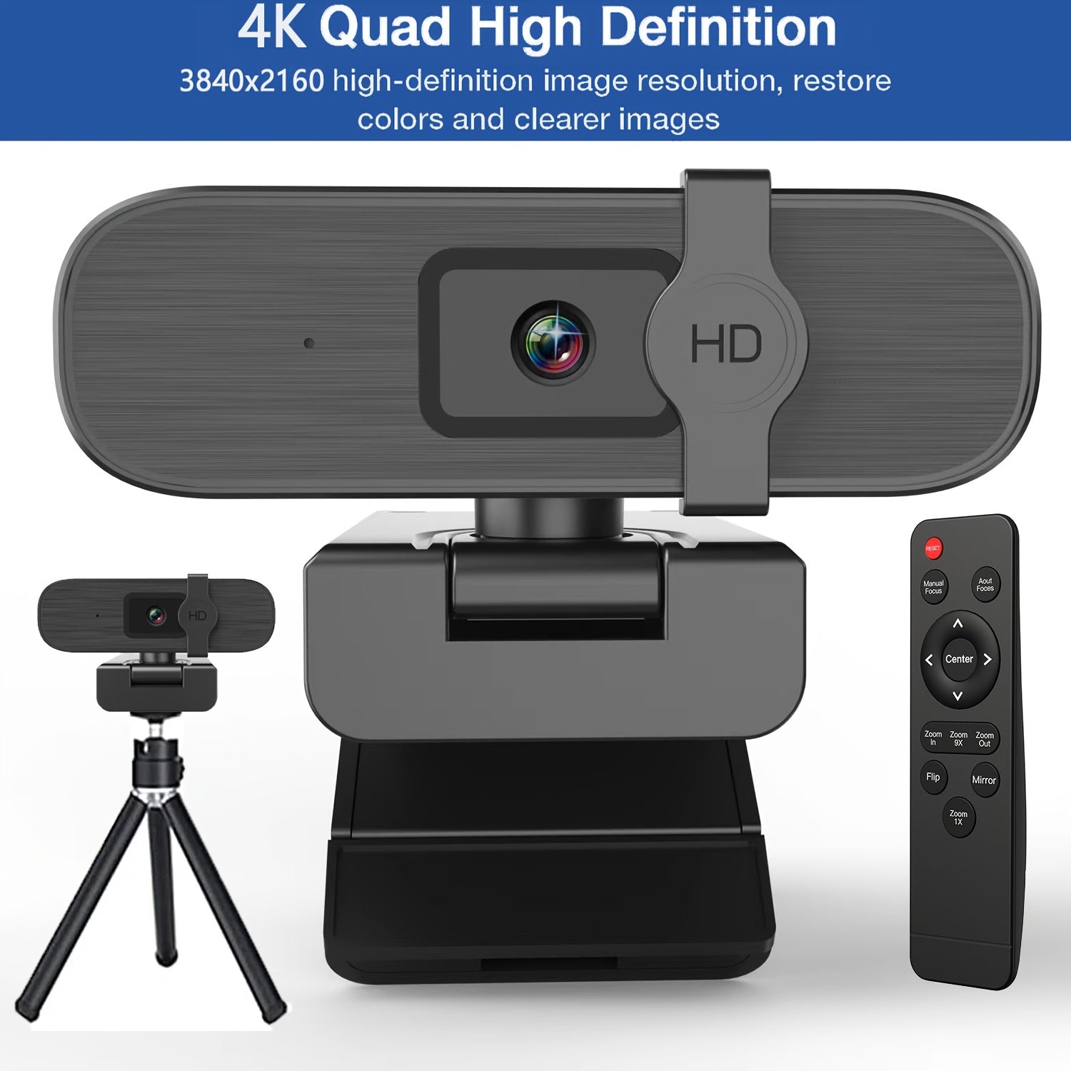 4K HD Webcam with Remote Control Privacy Cover Microphone for PC Laptop Video Conferencing