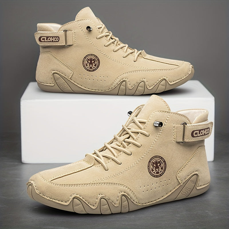 Men's Short Boots with Plush Lining and Hand-Stitched Octopus Design Casual PU High-Tops for All Seasons